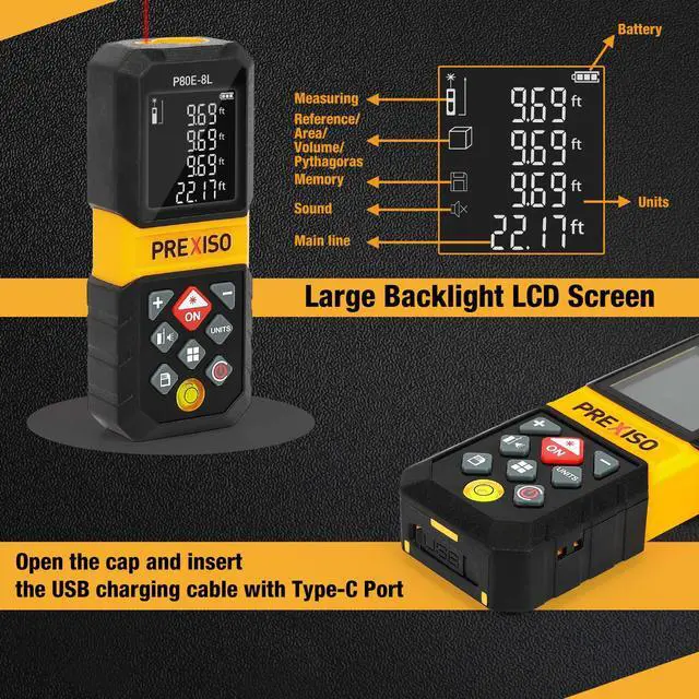 Alt view image 5 of 7 - Laser Measure, 265Ft Rechargeable Laser Distance Meter with Multi-Measurement Units M/in/Ft, Backlit LCD 4 Line Display, and Pythagorean, Distance, Area, Volume Modes