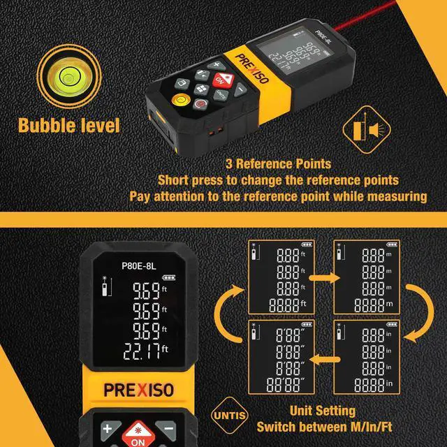 Alt view image 4 of 7 - Laser Measure, 265Ft Rechargeable Laser Distance Meter with Multi-Measurement Units M/in/Ft, Backlit LCD 4 Line Display, and Pythagorean, Distance, Area, Volume Modes