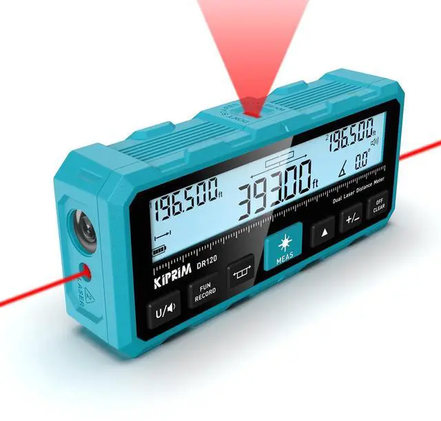 Main image of DR120 Dual Laser Distance Meter with Bidirectional Laser Emission, Vertical Laser Marking Line, and Electronic Level, Measures in Meters, Feet, and Inches, 393ft/120m Range Rangefinder