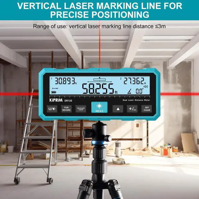 Alt view image 3 of 7 - DR120 Dual Laser Distance Meter with Bidirectional Laser Emission, Vertical Laser Marking Line, and Electronic Level, Measures in Meters, Feet, and Inches, 393ft/120m Range Rangefinder