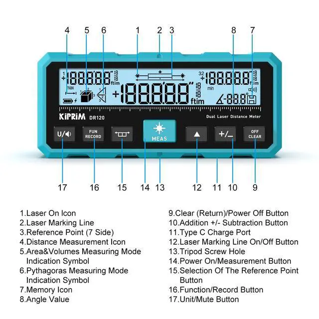 Alt view image 2 of 7 - DR120 Dual Laser Distance Meter with Bidirectional Laser Emission, Vertical Laser Marking Line, and Electronic Level, Measures in Meters, Feet, and Inches, 393ft/120m Range Rangefinder