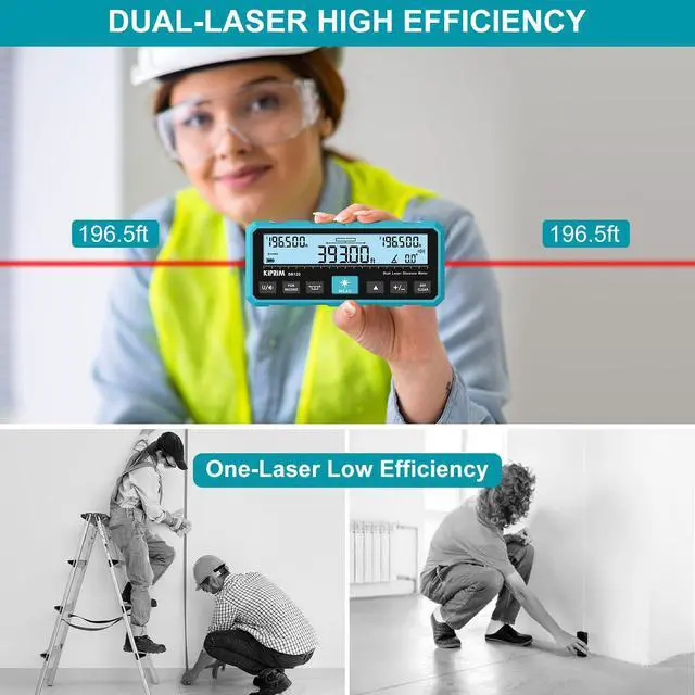 Alt view image 4 of 7 - DR120 Dual Laser Distance Meter with Bidirectional Laser Emission, Vertical Laser Marking Line, and Electronic Level, Measures in Meters, Feet, and Inches, 393ft/120m Range Rangefinder