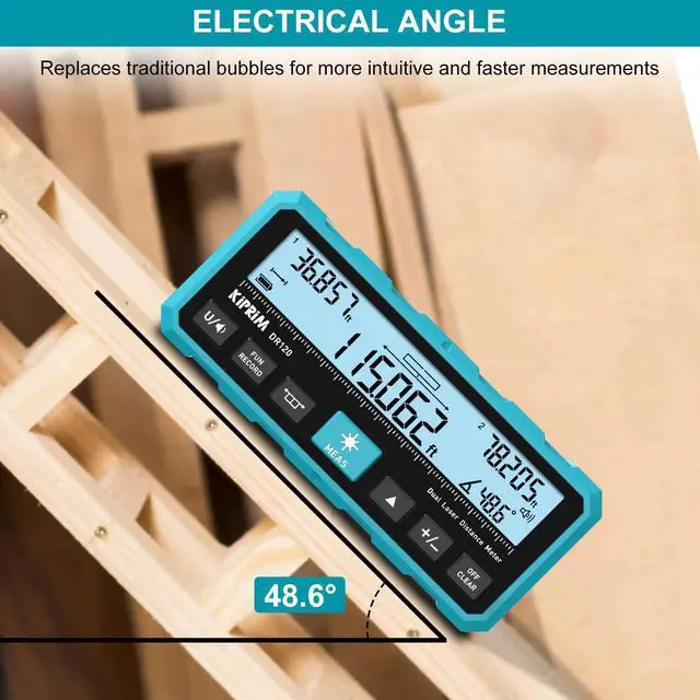 Alt view image 6 of 7 - DR120 Dual Laser Distance Meter with Bidirectional Laser Emission, Vertical Laser Marking Line, and Electronic Level, Measures in Meters, Feet, and Inches, 393ft/120m Range Rangefinder