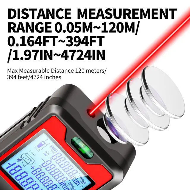 Alt view image 3 of 7 - 394ft/120m/4724 inches Digital Infrared Laser Distance Meter Distance/Area/Volume/Pythagorean/Double Pythagorean Measurement with 4-Digits&4 Readings Displaying Rechargeable