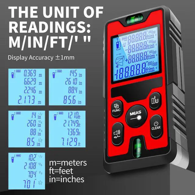 Alt view image 4 of 7 - 394ft/120m/4724 inches Digital Infrared Laser Distance Meter Distance/Area/Volume/Pythagorean/Double Pythagorean Measurement with 4-Digits&4 Readings Displaying Rechargeable