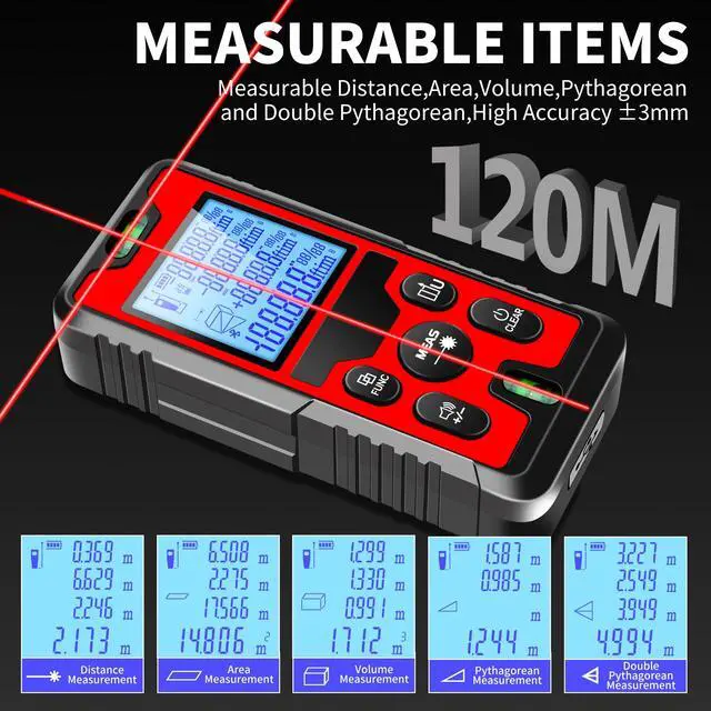 Alt view image 2 of 7 - 394ft/120m/4724 inches Digital Infrared Laser Distance Meter Distance/Area/Volume/Pythagorean/Double Pythagorean Measurement with 4-Digits&4 Readings Displaying Rechargeable