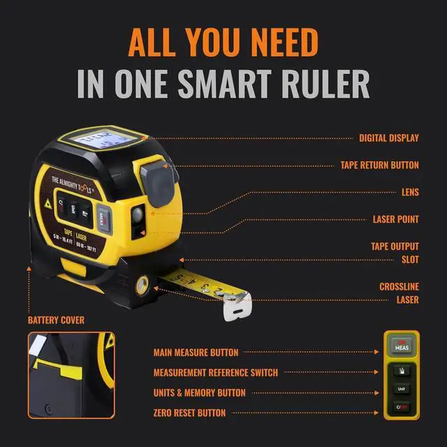 Alt view image 5 of 5 - Laser Tape Measure | Laser Distance Measurer, Heavy-Duty Tool with Cross Marking Feature, Smart Range Finder, Easy-Read Display, Ft & Metric Measurement | 131 ft | 43 yd | 40 m