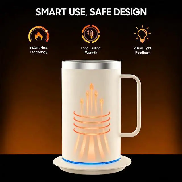 Alt view image 2 of 6 - Coffee Mug Warmer with Mug, 17oz Self-Heating Coffee Mug, Stainless Steel Cup with 10H Auto Shut Off & Leak-Proof Lid (White)