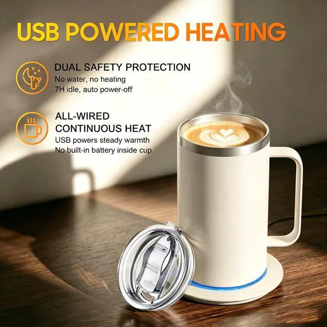Alt view image 3 of 6 - Coffee Mug Warmer with Mug, 17oz Self-Heating Coffee Mug, Stainless Steel Cup with 10H Auto Shut Off & Leak-Proof Lid (White)