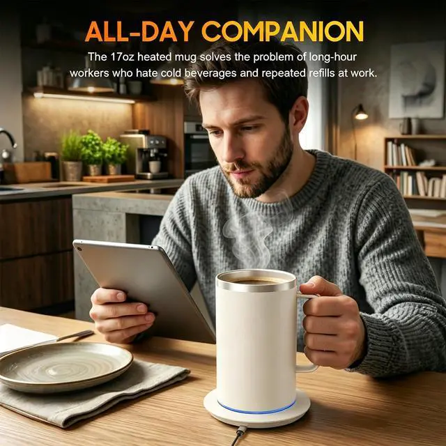 Alt view image 5 of 6 - Coffee Mug Warmer with Mug, 17oz Self-Heating Coffee Mug, Stainless Steel Cup with 10H Auto Shut Off & Leak-Proof Lid (White)