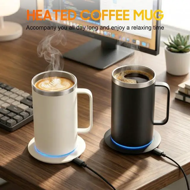 Alt view image 6 of 6 - Coffee Mug Warmer with Mug, 17oz Self-Heating Coffee Mug, Stainless Steel Cup with 10H Auto Shut Off & Leak-Proof Lid (White)