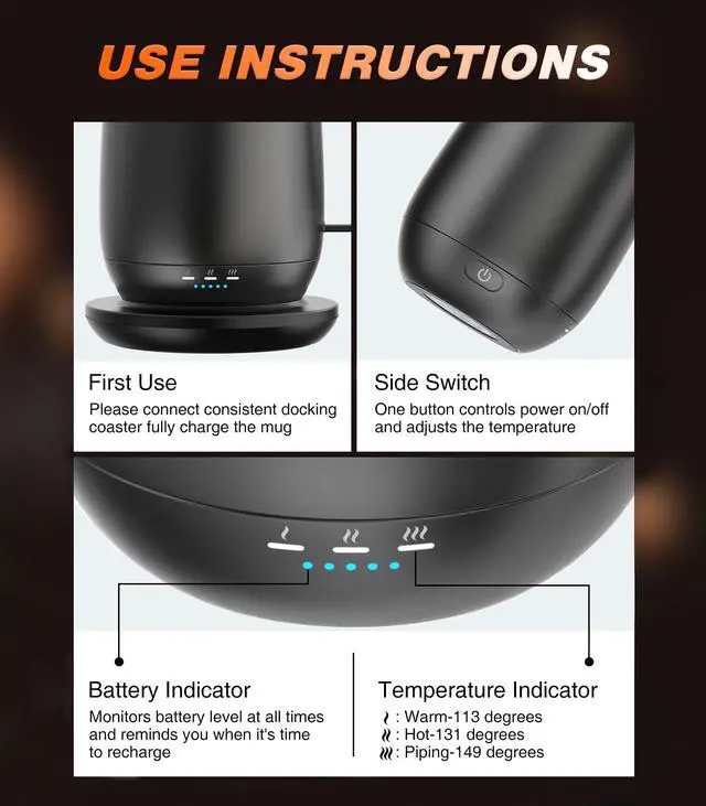 Alt view image 3 of 7 - Self Heating Coffee Mug T2, 16oz Smart Heated Coffee Mug, 150 Min Battery Life - Hot up to 149 Temperature Control Coffee Mug Warmer, Gifts for Dad Mom (No APP)