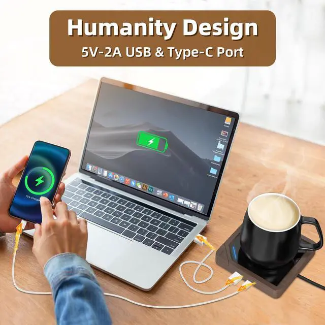 Alt view image 2 of 7 - Coffee Mug Warmer with 2 USB Charging Ports: Auto Shut-Off Candle Wax Warmer - Heated Beverage Coffee Accessories for Home Office Desk - U1 Wood