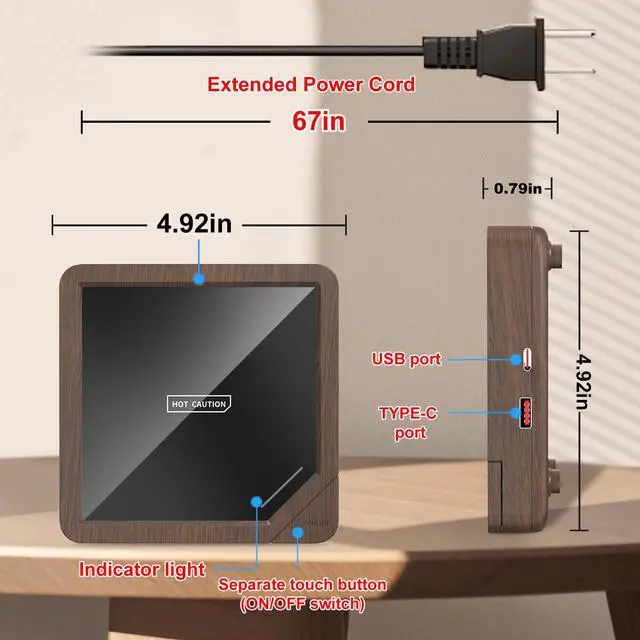 Alt view image 3 of 7 - Coffee Mug Warmer with 2 USB Charging Ports: Auto Shut-Off Candle Wax Warmer - Heated Beverage Coffee Accessories for Home Office Desk - U1 Wood