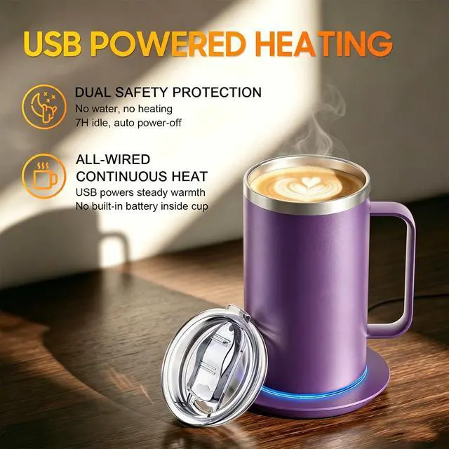 Alt view image 3 of 6 - Coffee Mug Warmer with Mug, 17oz Self-Heating Coffee Mug, Stainless Steel Cup with 10H Auto Shut Off & Leak-Proof Lid (Purple)