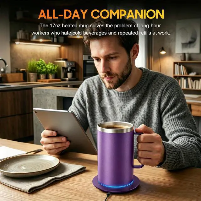 Alt view image 5 of 6 - Coffee Mug Warmer with Mug, 17oz Self-Heating Coffee Mug, Stainless Steel Cup with 10H Auto Shut Off & Leak-Proof Lid (Purple)