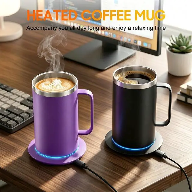 Alt view image 6 of 6 - Coffee Mug Warmer with Mug, 17oz Self-Heating Coffee Mug, Stainless Steel Cup with 10H Auto Shut Off & Leak-Proof Lid (Purple)