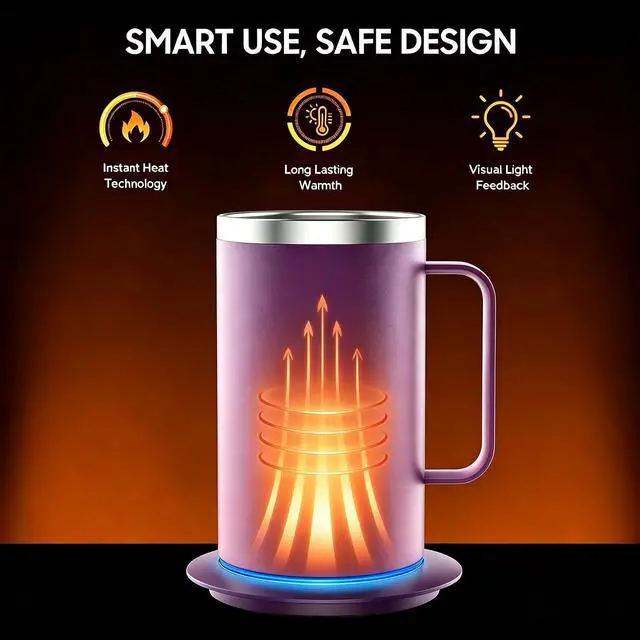 Alt view image 2 of 6 - Coffee Mug Warmer with Mug, 17oz Self-Heating Coffee Mug, Stainless Steel Cup with 10H Auto Shut Off & Leak-Proof Lid (Purple)