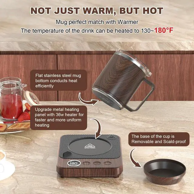 Alt view image 2 of 7 - Coffee Mug Warmer &Mug Set for Desk, Smart Coffee Cup Warmer with 16oz Heated Mug, Cup Heater with Auto Shut Off for Office/Home, Coffee Gifts for Men&Women, for Dad, Wood