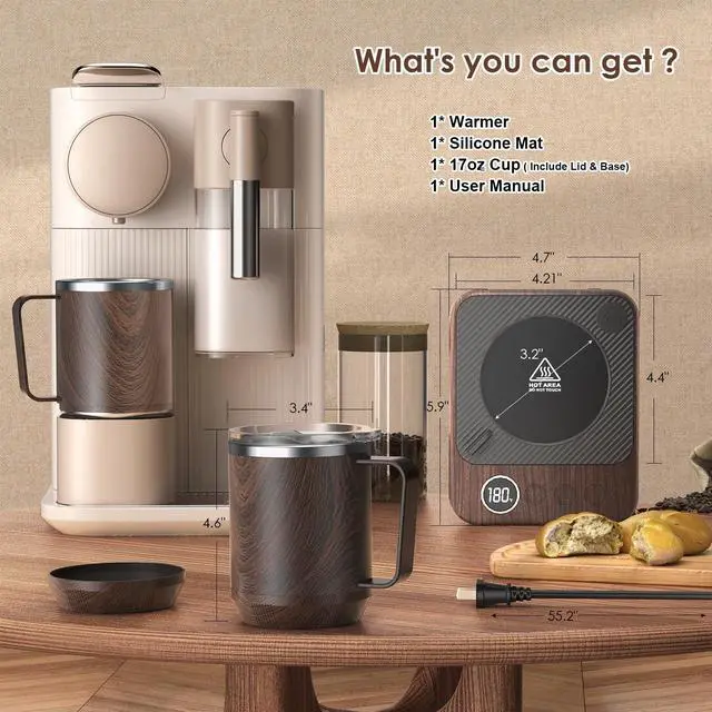 Alt view image 7 of 7 - Coffee Mug Warmer &Mug Set for Desk, Smart Coffee Cup Warmer with 16oz Heated Mug, Cup Heater with Auto Shut Off for Office/Home, Coffee Gifts for Men&Women, for Dad, Wood