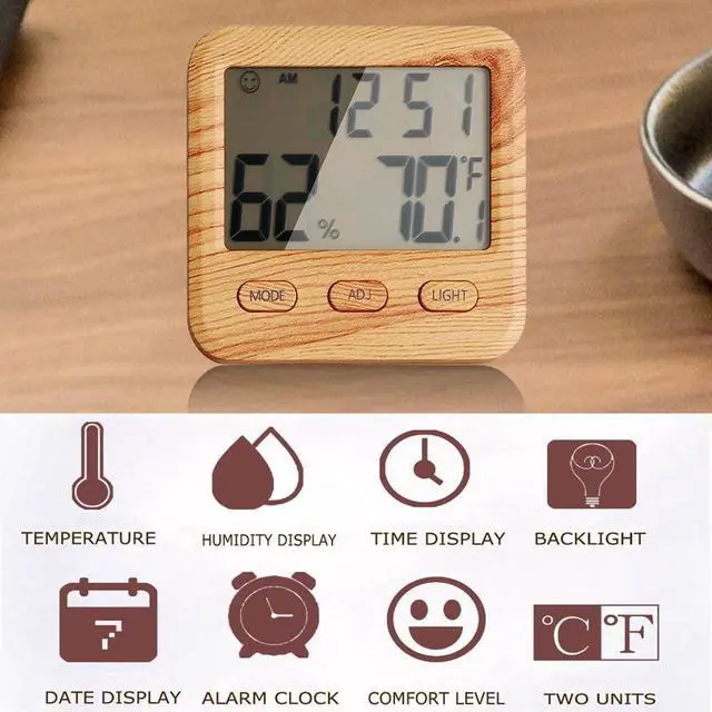 Alt view image 2 of 6 - Digital Hygrometer Indoor Thermometer, Temperature Humidity Gauge with Desk Clocks for Bedroom Office,Backlit Accurate Monitor Clear Reading,Time Display Room Thermometer for Home Greenhouse Wooden
