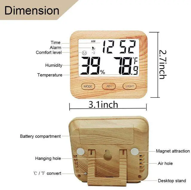 Alt view image 3 of 6 - Digital Hygrometer Indoor Thermometer, Temperature Humidity Gauge with Desk Clocks for Bedroom Office,Backlit Accurate Monitor Clear Reading,Time Display Room Thermometer for Home Greenhouse Wooden