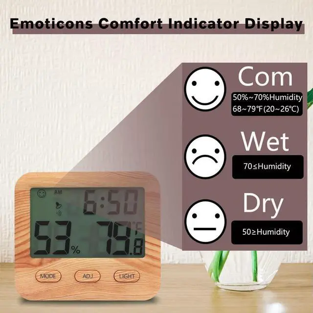 Alt view image 4 of 6 - Digital Hygrometer Indoor Thermometer, Temperature Humidity Gauge with Desk Clocks for Bedroom Office,Backlit Accurate Monitor Clear Reading,Time Display Room Thermometer for Home Greenhouse Wooden