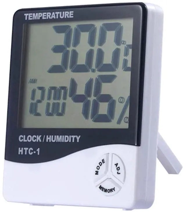 Main image of Temperature Humidity Meter,LCD Electronic Digital Outdoor/Indoor Thermometer Hygrometer with Clock Time Humidity Monitor for Home,Bedroom,Pet,Reptile,Plant,Greenhouse,Basement,Guitar (HTC-1)