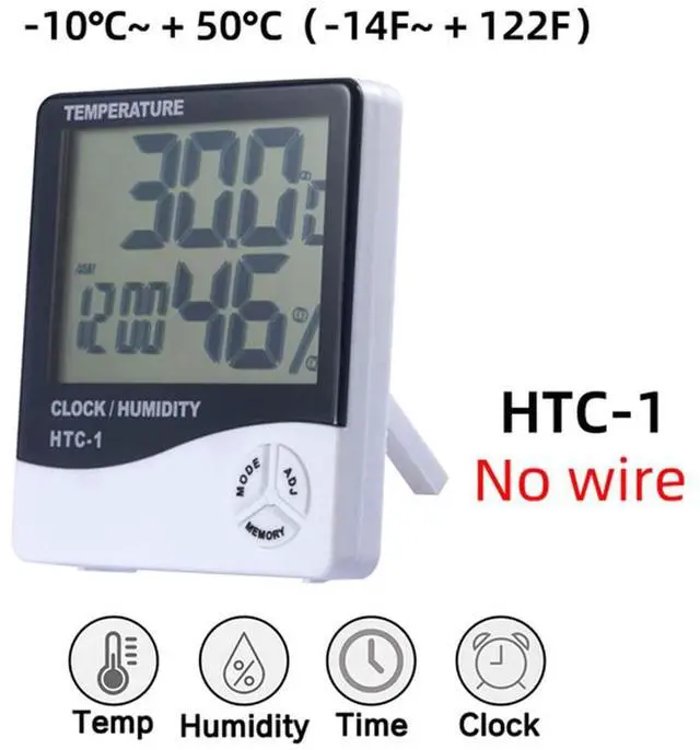 Alt view image 2 of 7 - Temperature Humidity Meter,LCD Electronic Digital Outdoor/Indoor Thermometer Hygrometer with Clock Time Humidity Monitor for Home,Bedroom,Pet,Reptile,Plant,Greenhouse,Basement,Guitar (HTC-1)