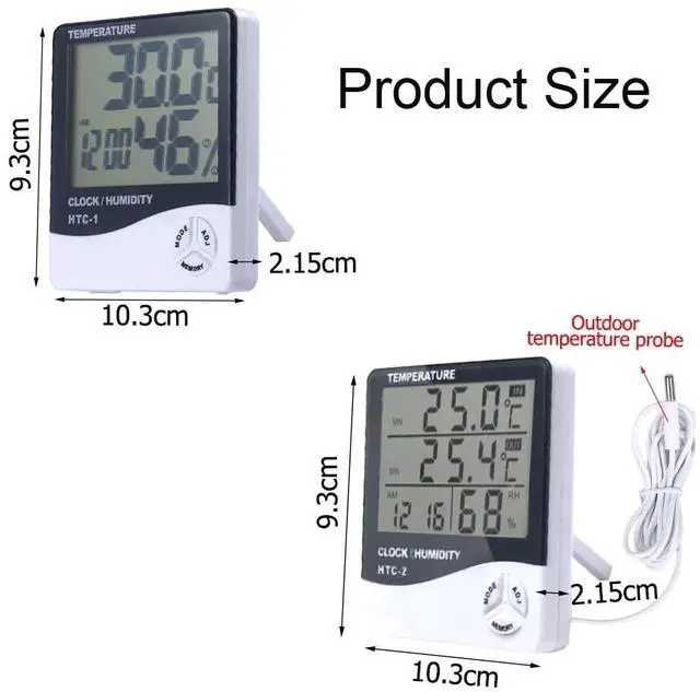 Alt view image 4 of 7 - Temperature Humidity Meter,LCD Electronic Digital Outdoor/Indoor Thermometer Hygrometer with Clock Time Humidity Monitor for Home,Bedroom,Pet,Reptile,Plant,Greenhouse,Basement,Guitar (HTC-1)