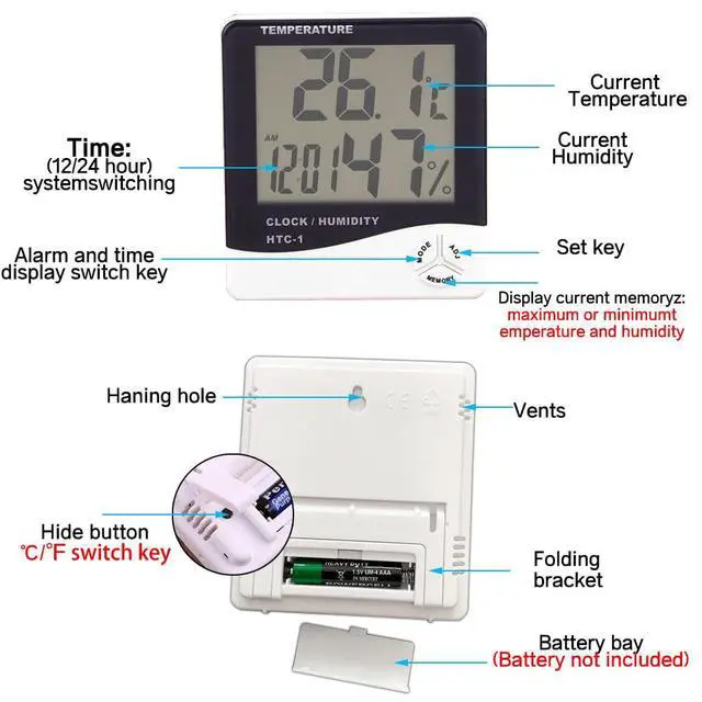 Alt view image 3 of 7 - Temperature Humidity Meter,LCD Electronic Digital Outdoor/Indoor Thermometer Hygrometer with Clock Time Humidity Monitor for Home,Bedroom,Pet,Reptile,Plant,Greenhouse,Basement,Guitar (HTC-1)