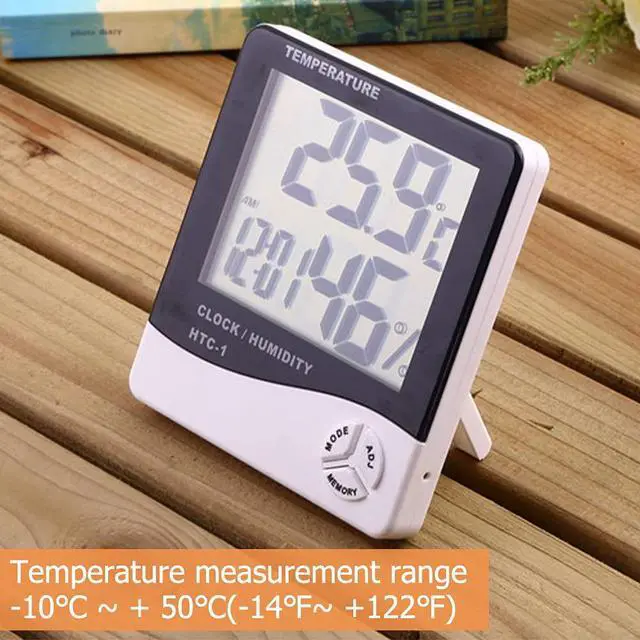 Alt view image 7 of 7 - Temperature Humidity Meter,LCD Electronic Digital Outdoor/Indoor Thermometer Hygrometer with Clock Time Humidity Monitor for Home,Bedroom,Pet,Reptile,Plant,Greenhouse,Basement,Guitar (HTC-1)