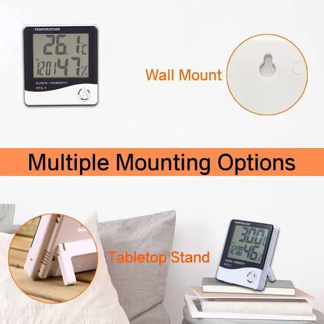 Alt view image 6 of 7 - Temperature Humidity Meter,LCD Electronic Digital Outdoor/Indoor Thermometer Hygrometer with Clock Time Humidity Monitor for Home,Bedroom,Pet,Reptile,Plant,Greenhouse,Basement,Guitar (HTC-1)