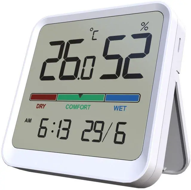 Main image of Indoor Thermometer Hygrometer, Precision Digital Temp/Humidity Monitor with Magnet & 3M Sticker, Date & Time, Wall/Magnet/Stand Mount, for Home, Office, Nursery, T1-SE