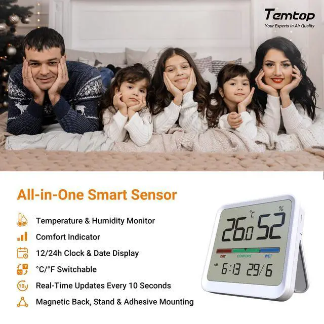 Alt view image 2 of 7 - Indoor Thermometer Hygrometer, Precision Digital Temp/Humidity Monitor with Magnet & 3M Sticker, Date & Time, Wall/Magnet/Stand Mount, for Home, Office, Nursery, T1-SE