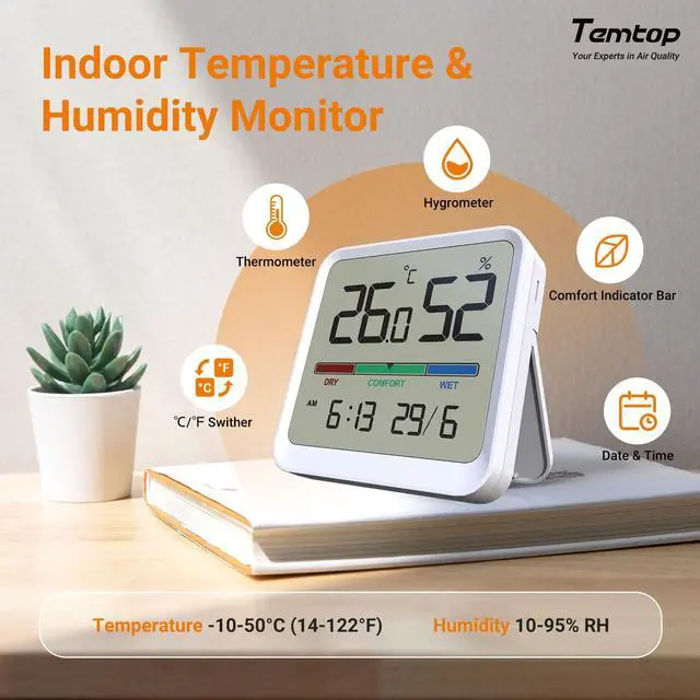 Alt view image 4 of 7 - Indoor Thermometer Hygrometer, Precision Digital Temp/Humidity Monitor with Magnet & 3M Sticker, Date & Time, Wall/Magnet/Stand Mount, for Home, Office, Nursery, T1-SE