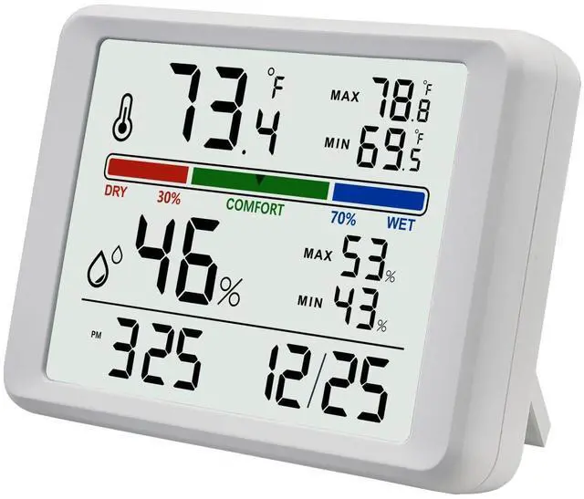 Main image of Digital Thermometer Hygrometer, Indoor Wall Thermometer with Backlight, Digital Alarm Clock, Date, Air Comfort Indicator, Max Min Record, Desktop Thermometer for Home, White