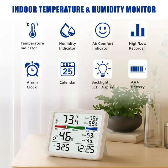 Alt view image 2 of 7 - Digital Thermometer Hygrometer, Indoor Wall Thermometer with Backlight, Digital Alarm Clock, Date, Air Comfort Indicator, Max Min Record, Desktop Thermometer for Home, White