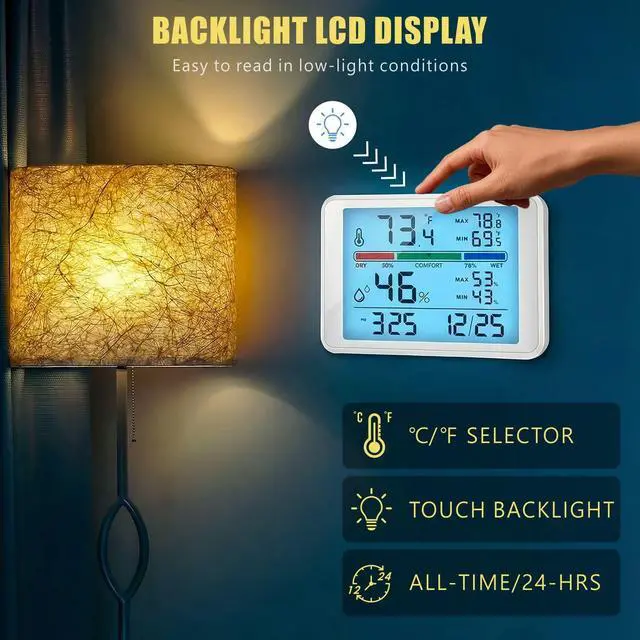 Alt view image 6 of 7 - Digital Thermometer Hygrometer, Indoor Wall Thermometer with Backlight, Digital Alarm Clock, Date, Air Comfort Indicator, Max Min Record, Desktop Thermometer for Home, White