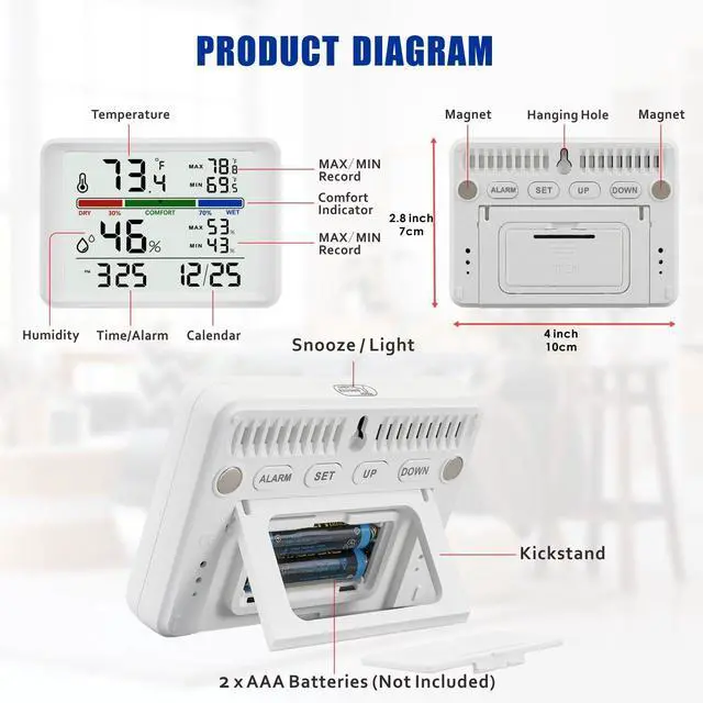 Alt view image 7 of 7 - Digital Thermometer Hygrometer, Indoor Wall Thermometer with Backlight, Digital Alarm Clock, Date, Air Comfort Indicator, Max Min Record, Desktop Thermometer for Home, White