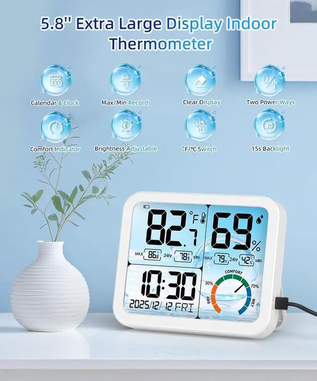 Alt view image 2 of 7 - 5.8" Large Display Indoor Thermometer Hygrometer - Backlight LCD with Comfort Indicator, Max/Min Records, Clock & Calendar, Dual Power (USB/Battery), Wall Mount or Tabletop