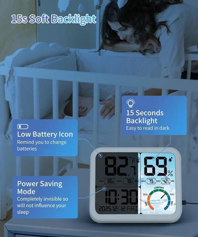 Alt view image 5 of 7 - 5.8" Large Display Indoor Thermometer Hygrometer - Backlight LCD with Comfort Indicator, Max/Min Records, Clock & Calendar, Dual Power (USB/Battery), Wall Mount or Tabletop