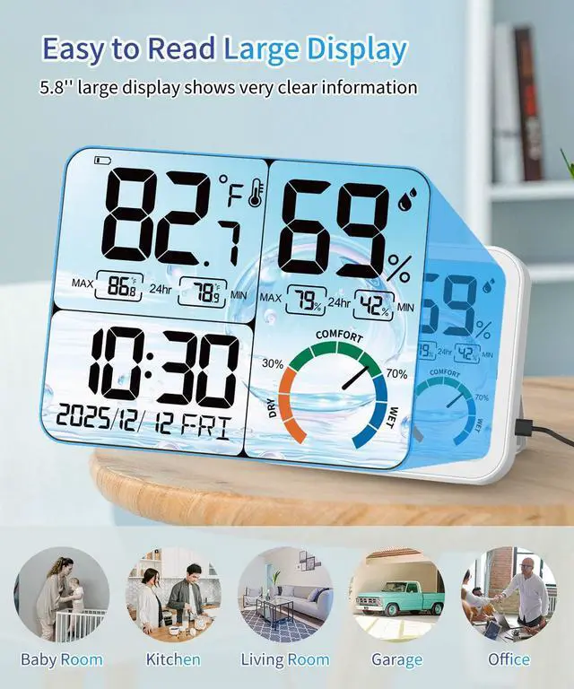 Alt view image 6 of 7 - 5.8" Large Display Indoor Thermometer Hygrometer - Backlight LCD with Comfort Indicator, Max/Min Records, Clock & Calendar, Dual Power (USB/Battery), Wall Mount or Tabletop
