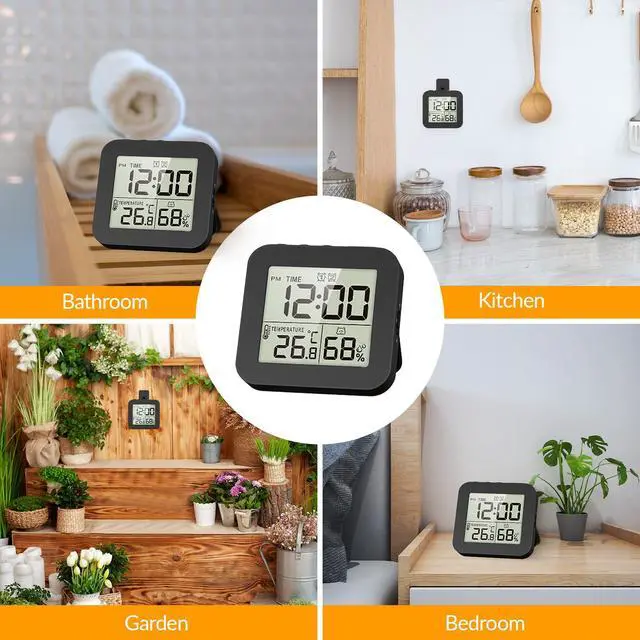 Alt view image 2 of 7 - Digital Bathroom Clock Shower Timer with Alarm, Mini Clocks for Bathroom, Kitchen Timer Clocks, Thermometer Hygrometer Wall Clock, Black