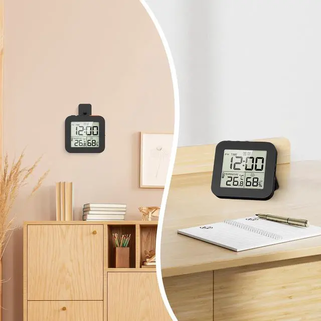 Alt view image 4 of 7 - Digital Bathroom Clock Shower Timer with Alarm, Mini Clocks for Bathroom, Kitchen Timer Clocks, Thermometer Hygrometer Wall Clock, Black