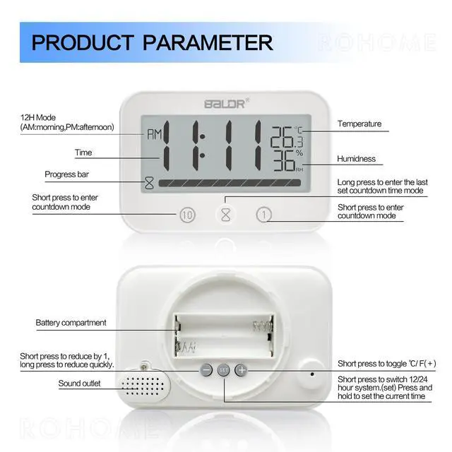 Alt view image 3 of 6 - Waterproof Wall Hanging Timer Bathroom Clock, Large Digital Shower Mirror Suction Clock Thermometer Hygrometer, Visual Kitchen Cooking Countdown Timer, Bath Temperature Humidity Meter (White)