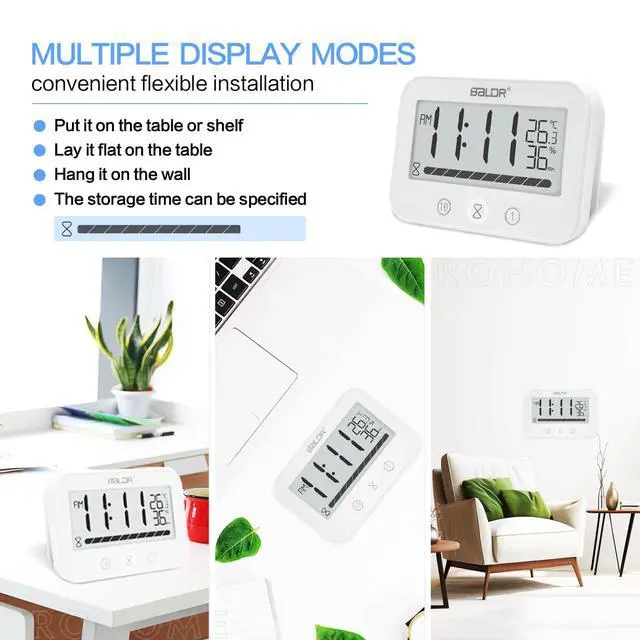 Alt view image 5 of 6 - Waterproof Wall Hanging Timer Bathroom Clock, Large Digital Shower Mirror Suction Clock Thermometer Hygrometer, Visual Kitchen Cooking Countdown Timer, Bath Temperature Humidity Meter (White)