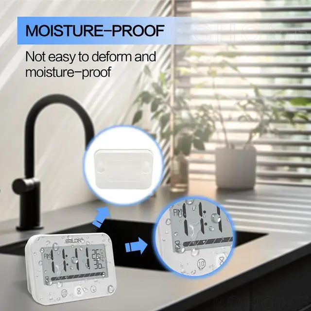 Alt view image 6 of 6 - Waterproof Wall Hanging Timer Bathroom Clock, Large Digital Shower Mirror Suction Clock Thermometer Hygrometer, Visual Kitchen Cooking Countdown Timer, Bath Temperature Humidity Meter (White)