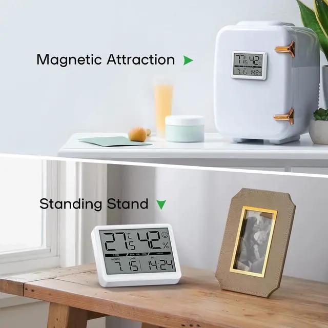 Alt view image 5 of 7 - Small Digital Clock, New Upgrade Battery Powered Magnetic Clock Humidity Meter Thermometer High Accuracy Temp(/) Date 12/24H Display LCD Large Number Indoor Outdoor Travel White