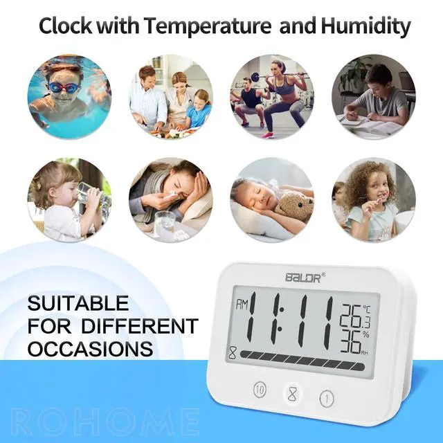 Alt view image 2 of 6 - Waterproof Wall Hanging Timer Bathroom Clock, Large Digital Shower Mirror Suction Clock Thermometer Hygrometer, Visual Kitchen Cooking Countdown Timer, Bath Temperature Humidity Meter (White)